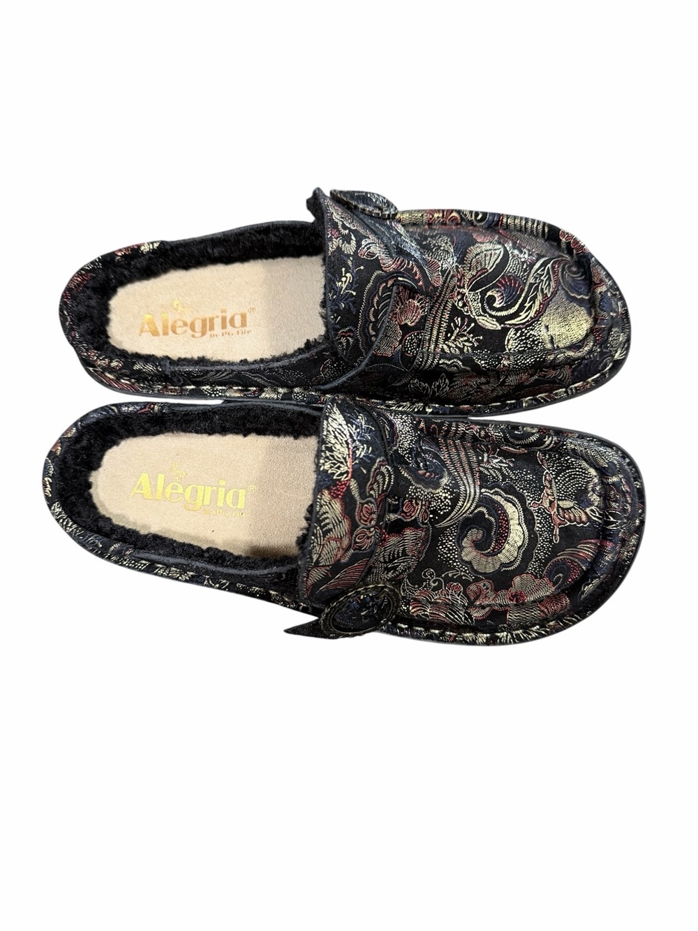 ALEGRIA Brigid Slip On Clog Golden Hour Sherpa Black Gold Size 7-7.5 - Picture 2 of 8